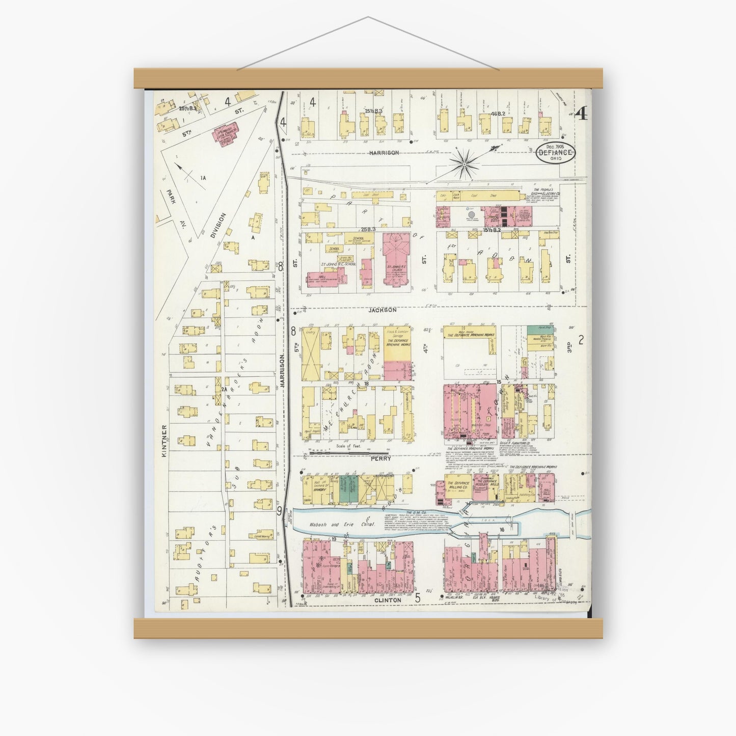 Old map wall art mockup — magnetic wood frame on white wall — Sanborn Fire Insurance Map from Defiance, Defiance County, Ohio (1905), Sheet #0004
