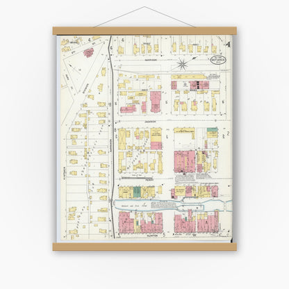 Old map wall art mockup — magnetic wood frame on white wall — Sanborn Fire Insurance Map from Defiance, Defiance County, Ohio (1905), Sheet #0004