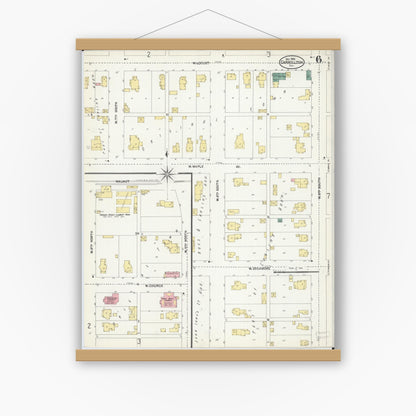 Old map wall art mockup — magnetic wood frame on white wall — Sanborn Fire Insurance Map from Carrollton, Greene County, Illinois (1906), Sheet #0006