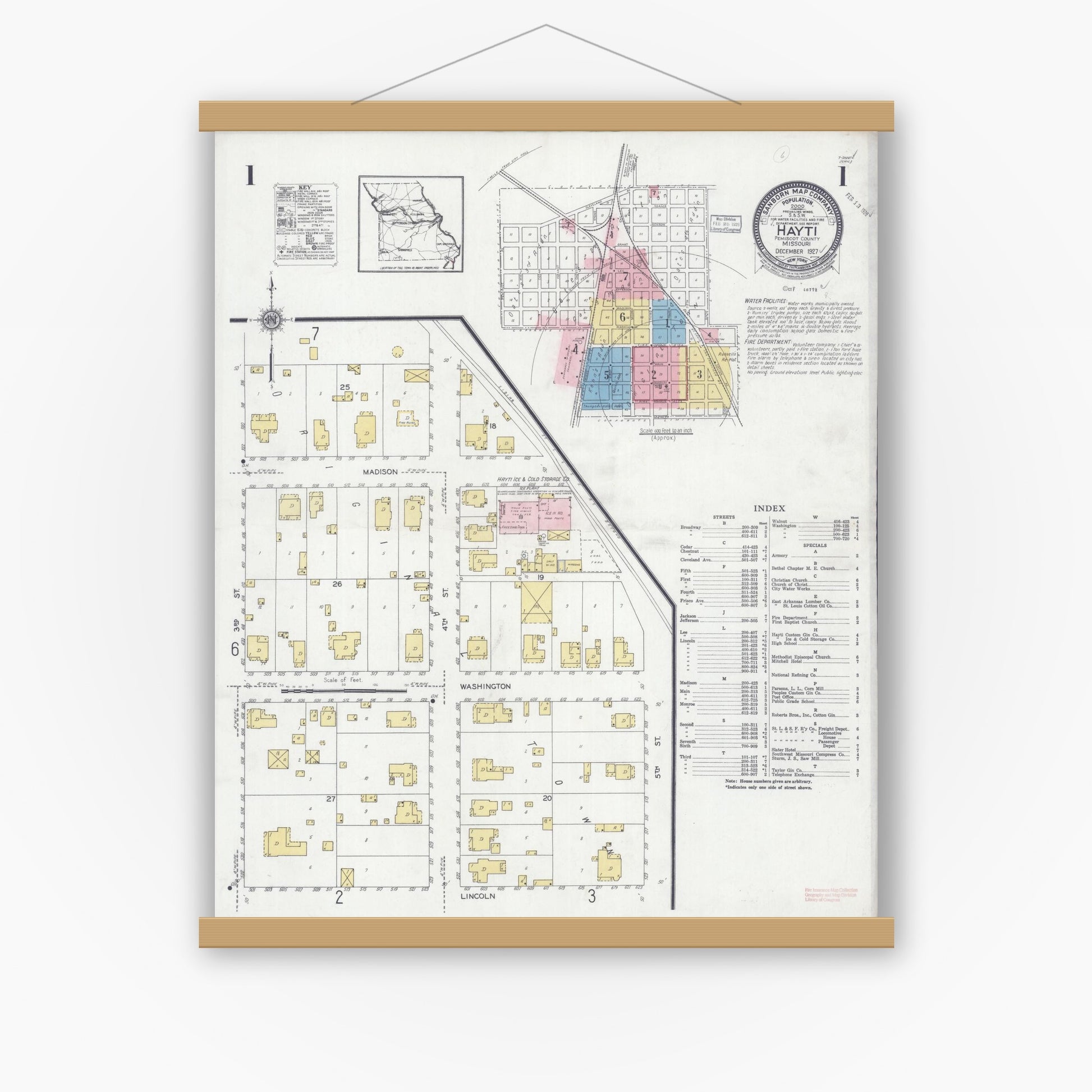 Old map wall art mockup — magnetic wood frame on white wall — Sanborn Fire Insurance Map from Hayti, Pemiscot County, Missouri (1927) - Complete Map Set
