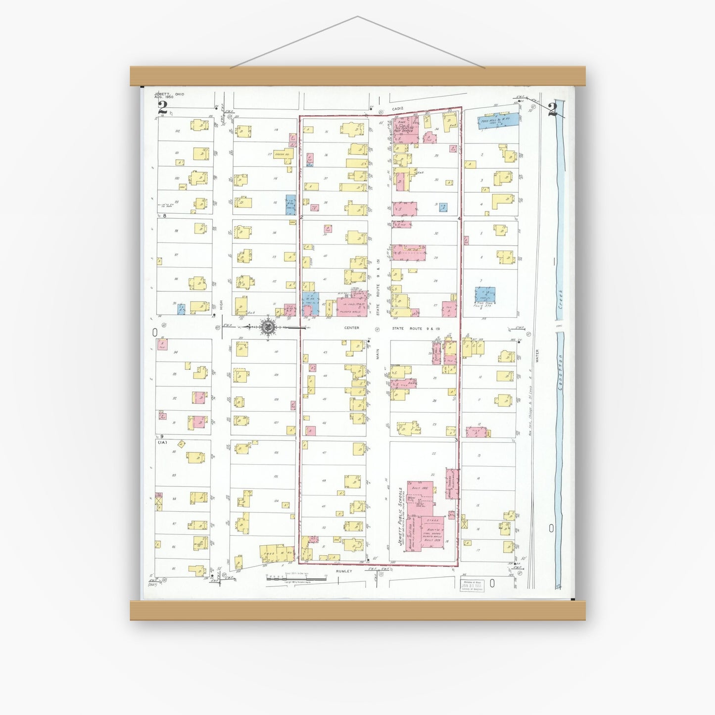 Old map wall art mockup — magnetic wood frame on white wall — Sanborn Fire Insurance Map from Jewett, Harrison County, Ohio (1950), Sheet #0002