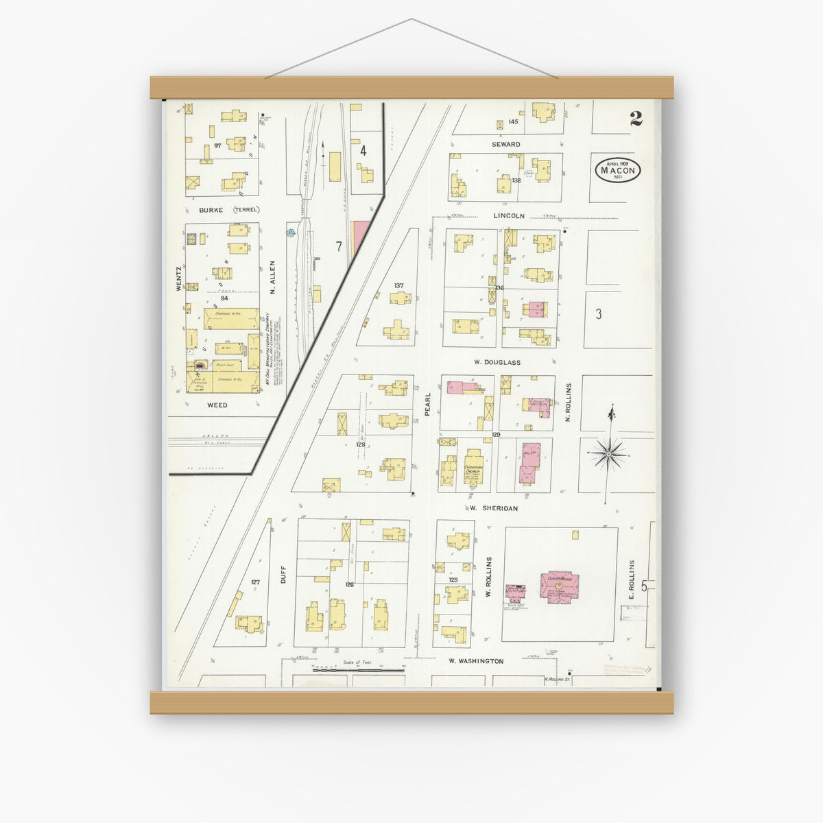 Old map wall art mockup — magnetic wood frame on white wall — Sanborn Fire Insurance Map from Macon, Macon County, Missouri (1909), Sheet #0002