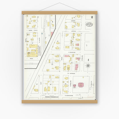Old map wall art mockup — magnetic wood frame on white wall — Sanborn Fire Insurance Map from Macon, Macon County, Missouri (1909), Sheet #0002