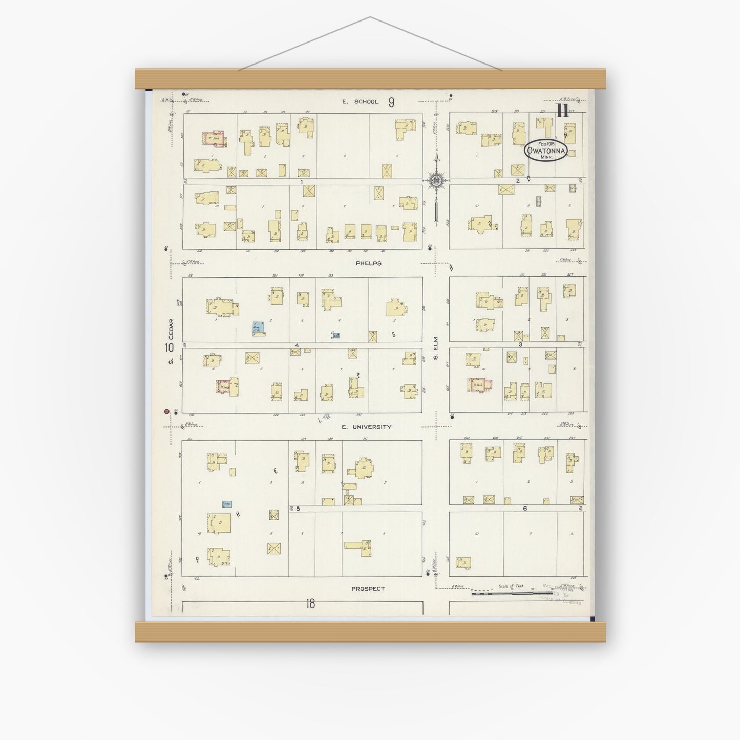 Old map wall art mockup — magnetic wood frame on white wall — Sanborn Fire Insurance Map from Owatonna, Steele County, Minnesota (1915), Sheet #0011