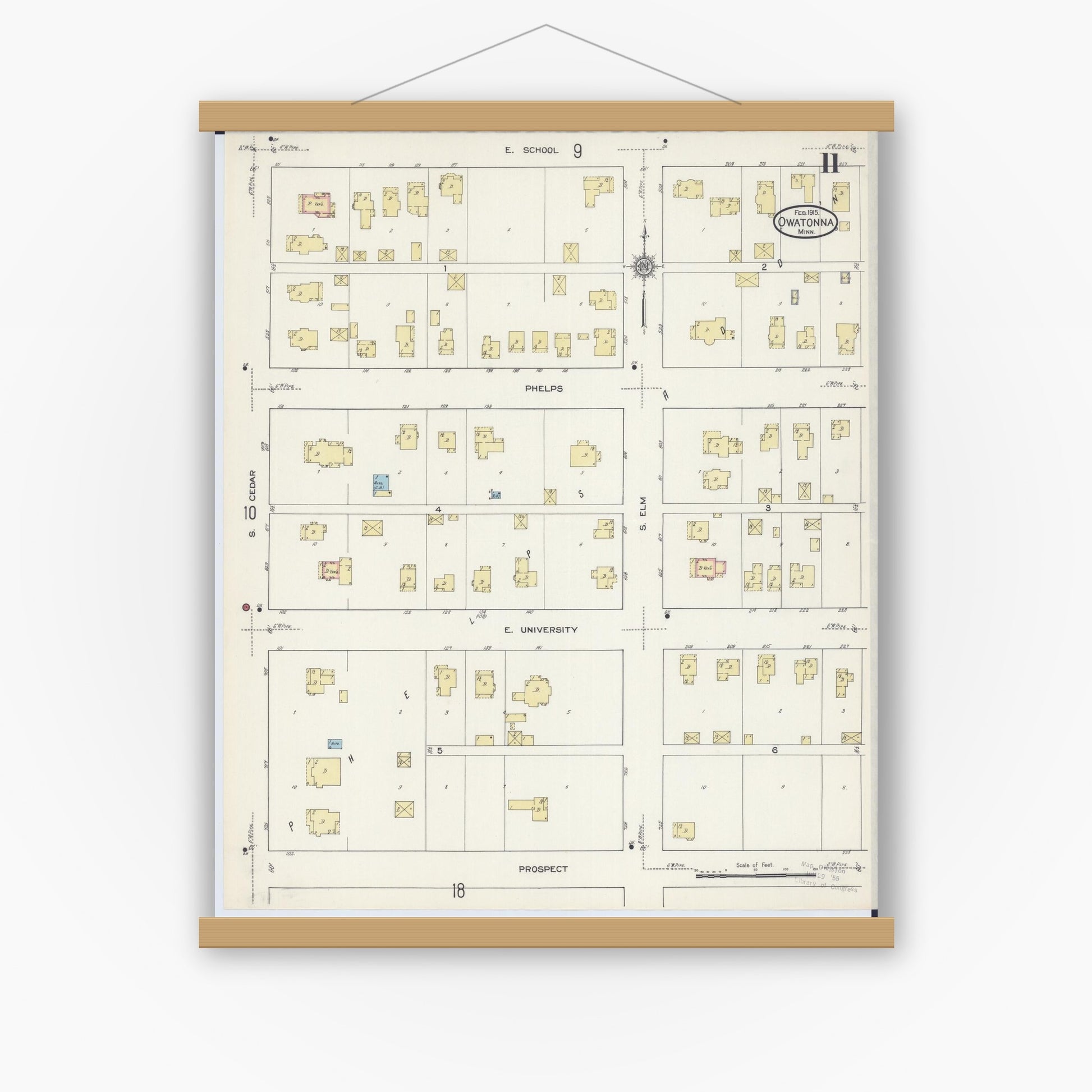 Old map wall art mockup — magnetic wood frame on white wall — Sanborn Fire Insurance Map from Owatonna, Steele County, Minnesota (1915), Sheet #0011