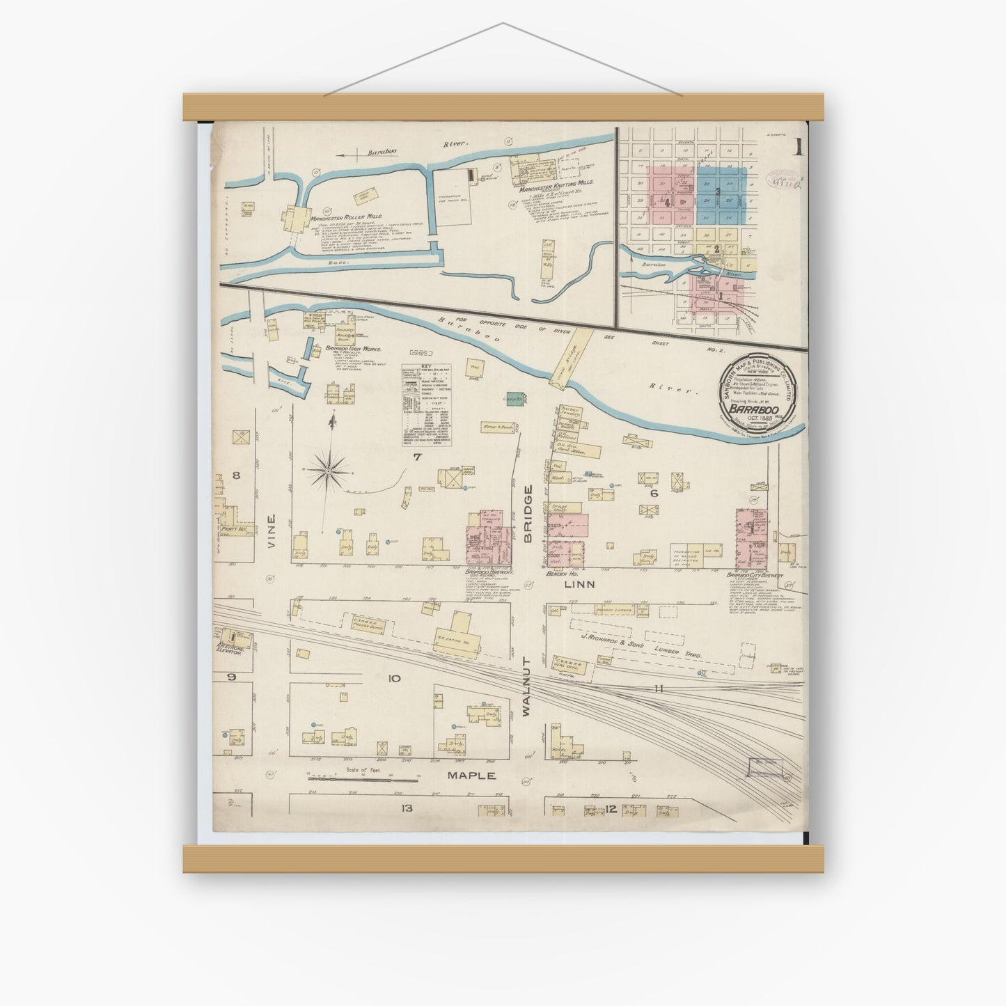 Old map wall art mockup — magnetic wood frame on white wall — Sanborn Fire Insurance Map from Baraboo, Sauk County, Wisconsin (1885), Sheet #0001