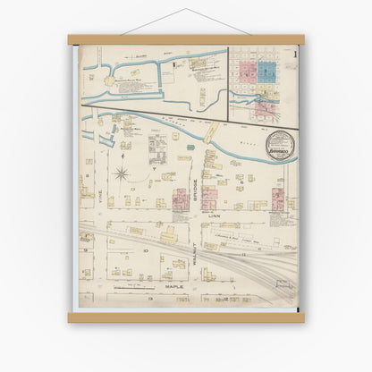 Old map wall art mockup — magnetic wood frame on white wall — Sanborn Fire Insurance Map from Baraboo, Sauk County, Wisconsin (1885), Sheet #0001