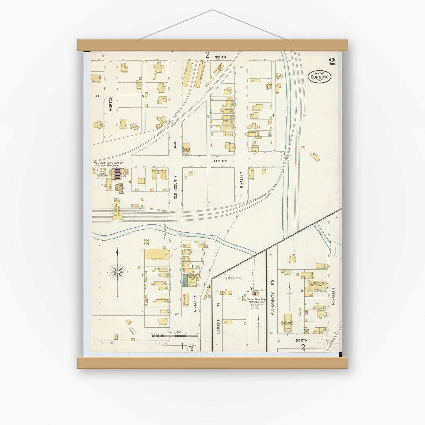Old map wall art mockup — magnetic wood frame on white wall — Sanborn Fire Insurance Map from Corning, Perry County, Ohio (1900), Sheet #0002