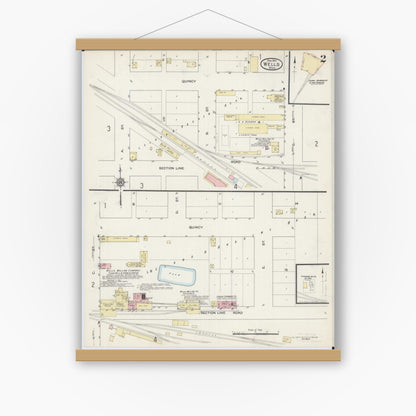Old map wall art mockup — magnetic wood frame on white wall — Sanborn Fire Insurance Map from Wells, Faribault County, Minnesota (1914), Sheet #0002