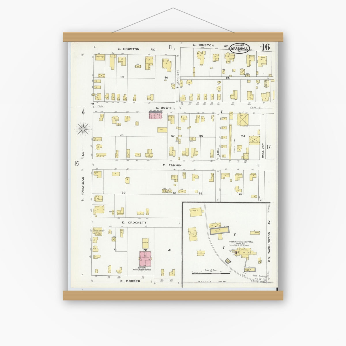 Old map wall art mockup — magnetic wood frame on white wall — Sanborn Fire Insurance Map from Marshall, Harrison County, Texas (1909), Sheet #0016