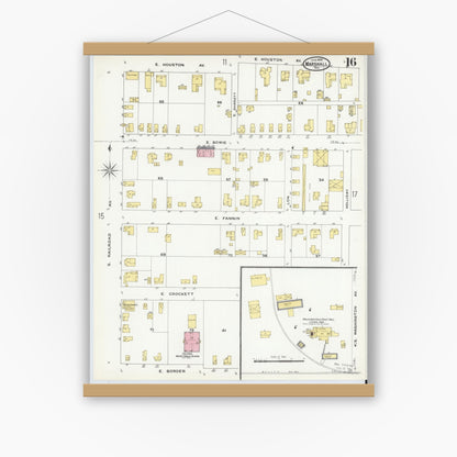 Old map wall art mockup — magnetic wood frame on white wall — Sanborn Fire Insurance Map from Marshall, Harrison County, Texas (1909), Sheet #0016