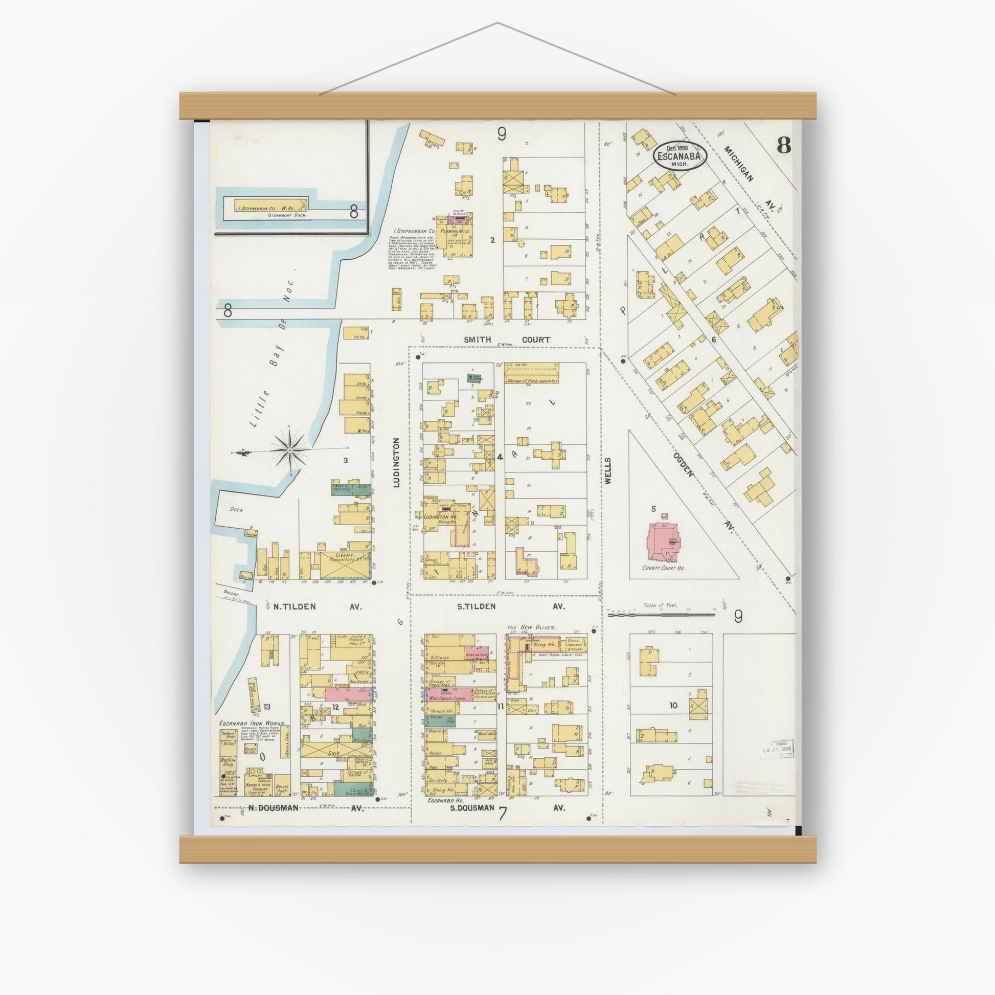 Old map wall art mockup — magnetic wood frame on white wall — Sanborn Fire Insurance Map from Escanaba, Delta County, Michigan (1899), Sheet #0008