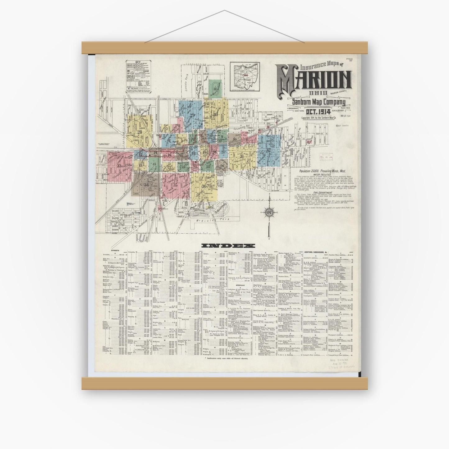 Old map wall art mockup — magnetic wood frame on white wall — Sanborn Fire Insurance Map from Marion, Marion County, Ohio (1914), Sheet #0001