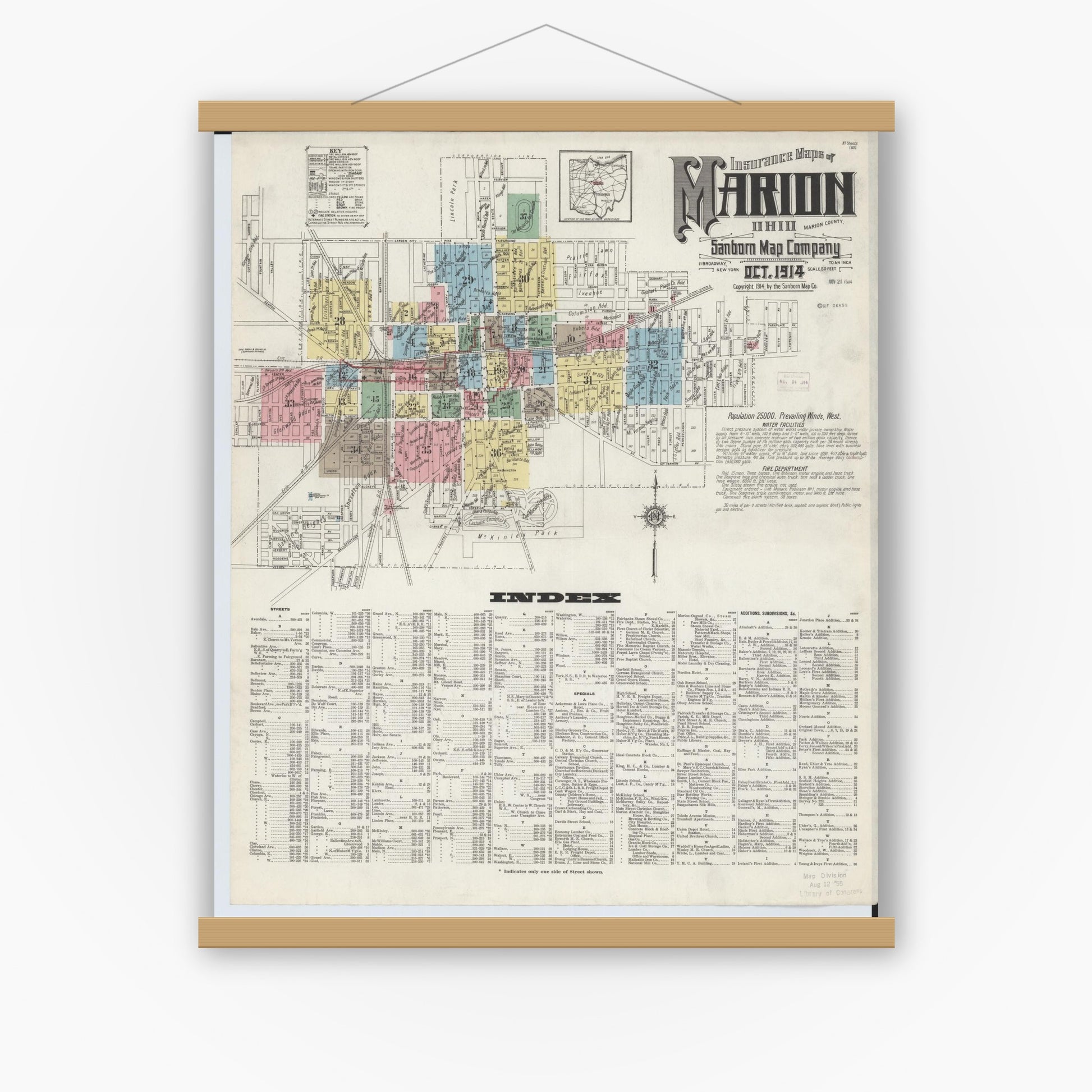 Old map wall art mockup — magnetic wood frame on white wall — Sanborn Fire Insurance Map from Marion, Marion County, Ohio (1914), Sheet #0001