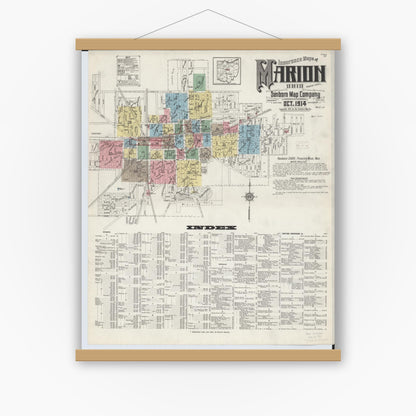 Old map wall art mockup — magnetic wood frame on white wall — Sanborn Fire Insurance Map from Marion, Marion County, Ohio (1914), Sheet #0001