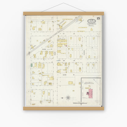 Old map wall art mockup — magnetic wood frame on white wall — Sanborn Fire Insurance Map from Lincoln, Logan County, Illinois (1896), Sheet #0015