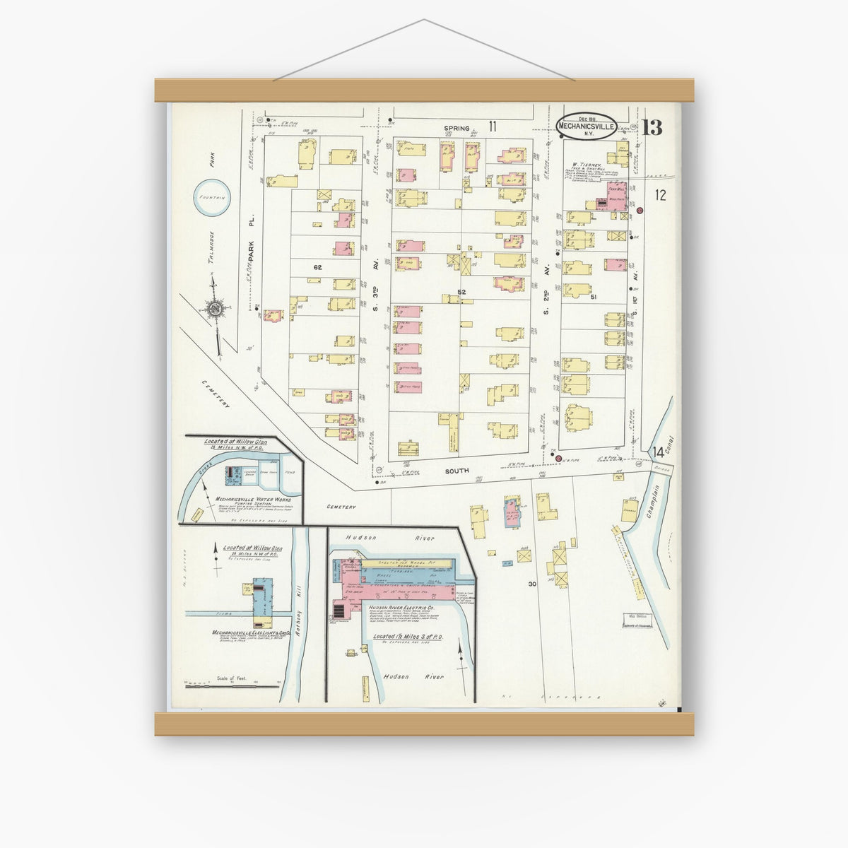 Old map wall art mockup — magnetic wood frame on white wall — Sanborn Fire Insurance Map from Mechanicville, Saratoga County, New York (1911), Sheet #0013