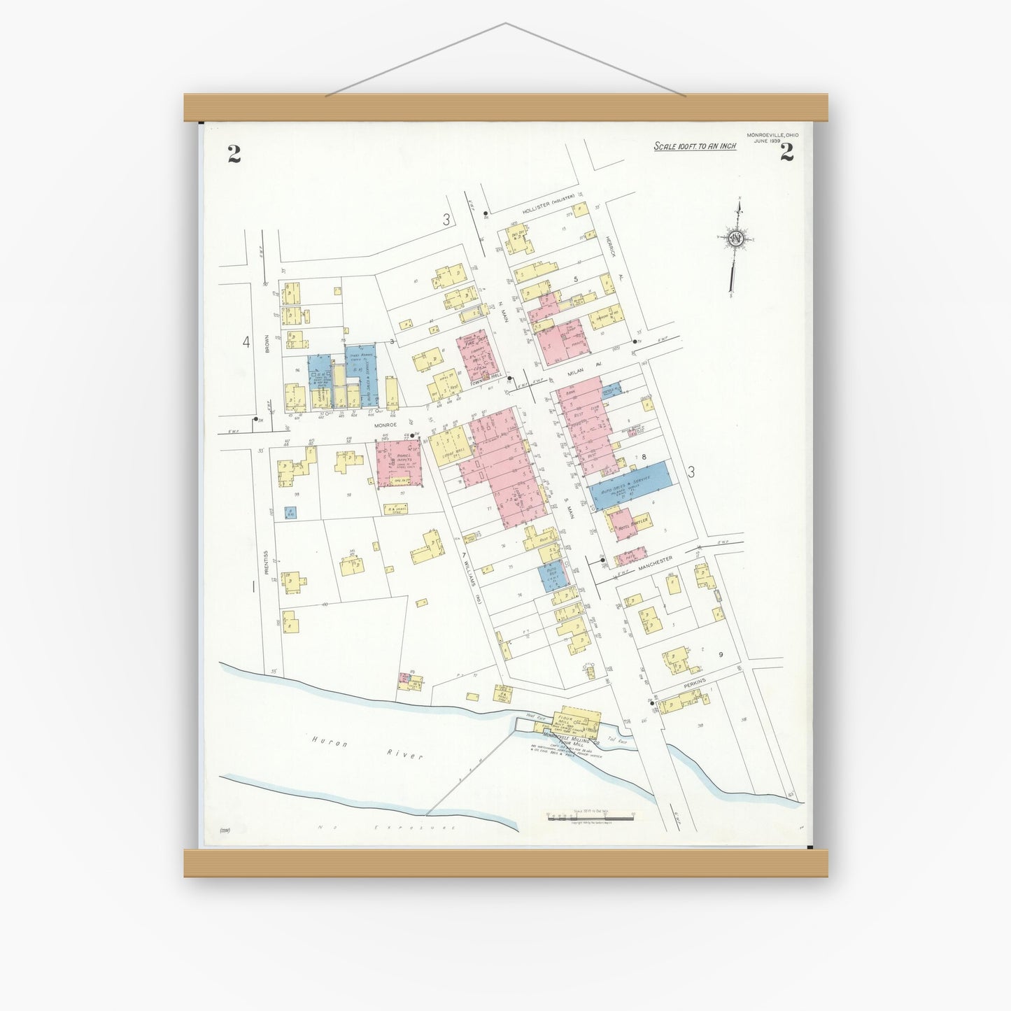 Old map wall art mockup — magnetic wood frame on white wall — Sanborn Fire Insurance Map from Monroeville, Huron County, Ohio (1939), Sheet #0002