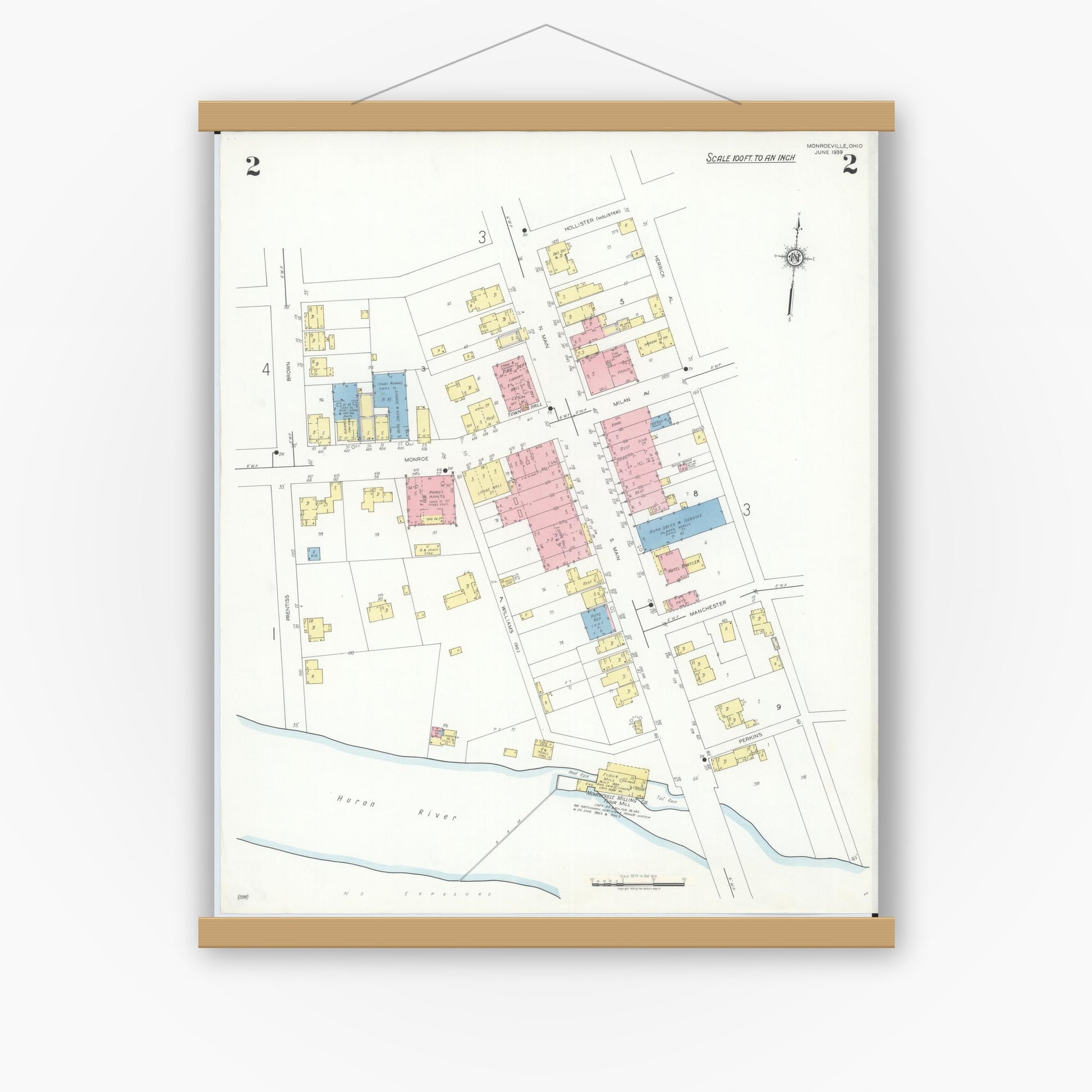 Old map wall art mockup — magnetic wood frame on white wall — Sanborn Fire Insurance Map from Monroeville, Huron County, Ohio (1939), Sheet #0002