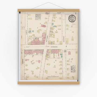 Old map wall art mockup — magnetic wood frame on white wall — Sanborn Fire Insurance Map from Sturgis, Saint Joseph County, Michigan (1884) - Complete Map Set