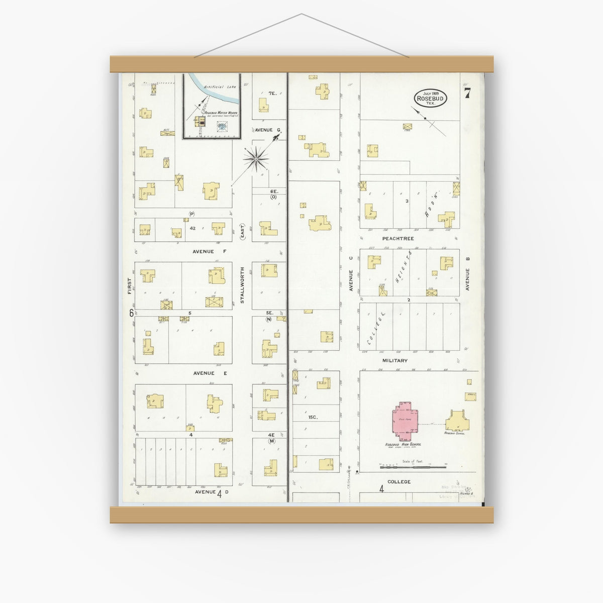 Old map wall art mockup — magnetic wood frame on white wall — Sanborn Fire Insurance Map from Rosebud, Falls County, Texas (1909), Sheet #0007