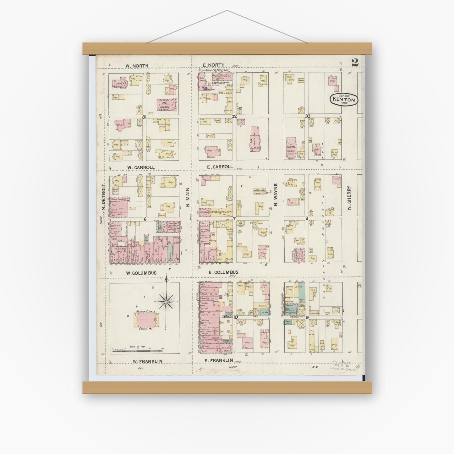 Old map wall art mockup — magnetic wood frame on white wall — Sanborn Fire Insurance Map from Kenton, Hardin County, Ohio (1888), Sheet #0002