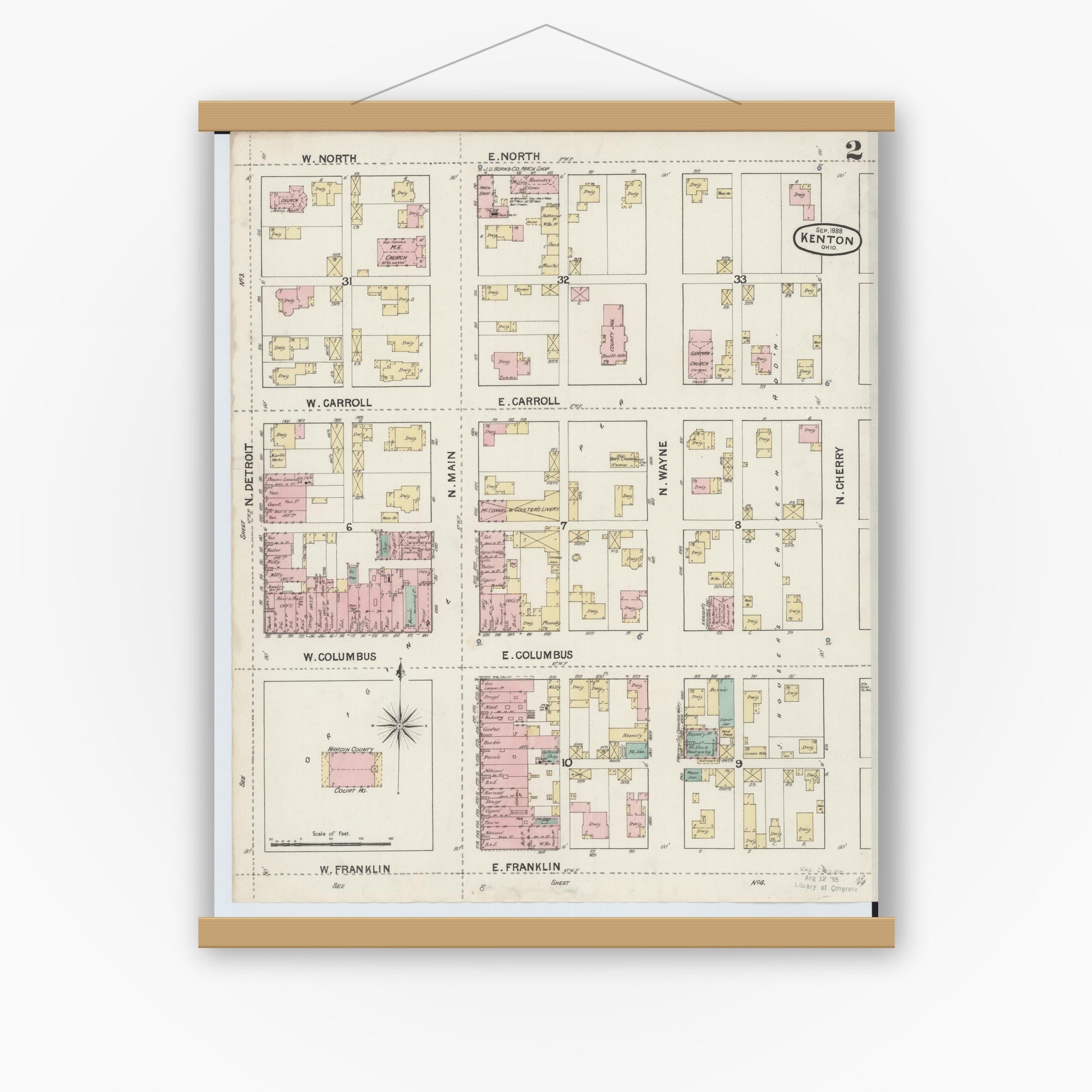 Old map wall art mockup — magnetic wood frame on white wall — Sanborn Fire Insurance Map from Kenton, Hardin County, Ohio (1888), Sheet #0002