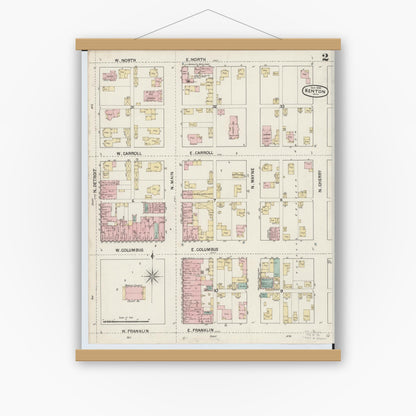 Old map wall art mockup — magnetic wood frame on white wall — Sanborn Fire Insurance Map from Kenton, Hardin County, Ohio (1888), Sheet #0002
