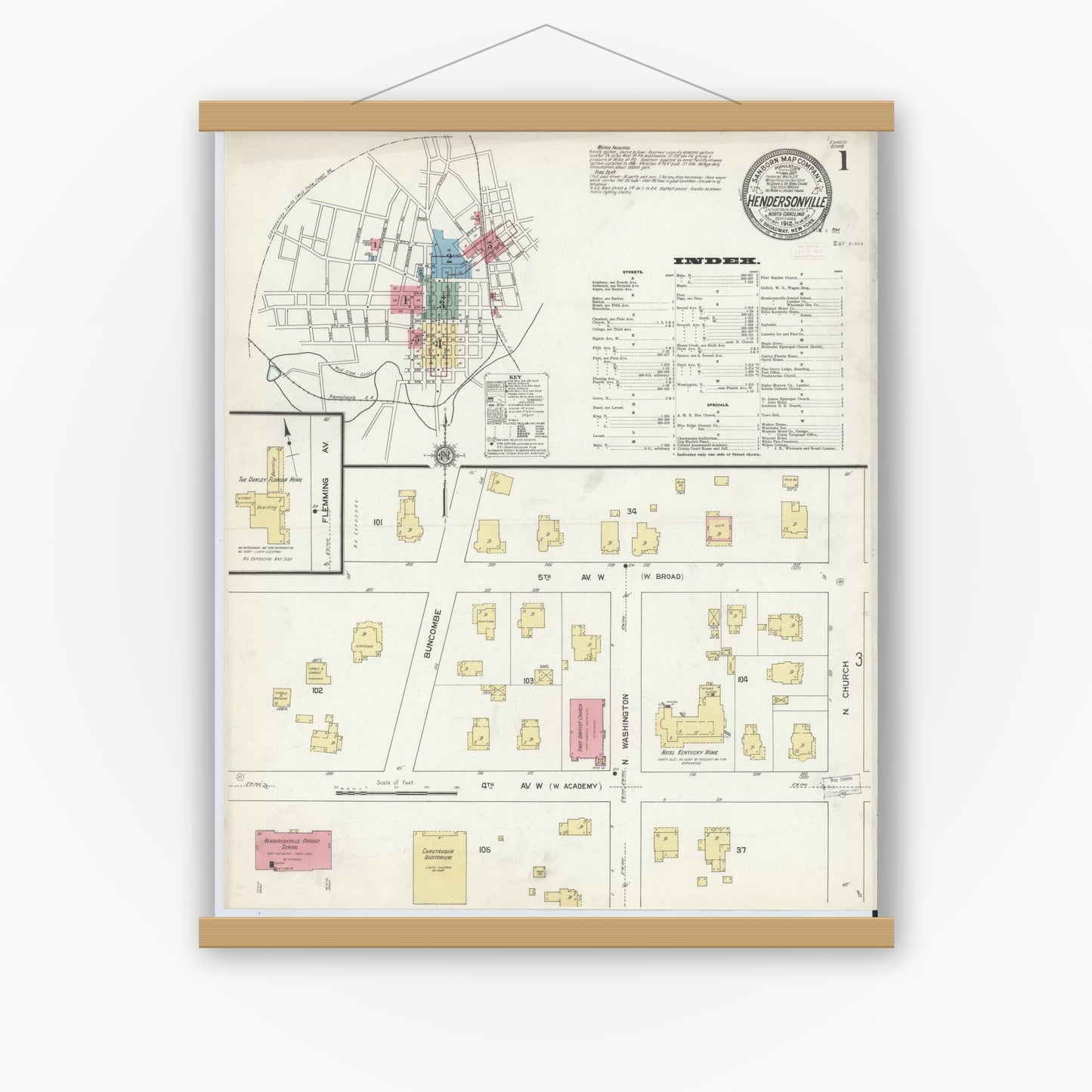 Old map wall art mockup — magnetic wood frame on white wall — Sanborn Fire Insurance Map from Hendersonville, Henderson County, North Carolina (1912) - Complete Map Set