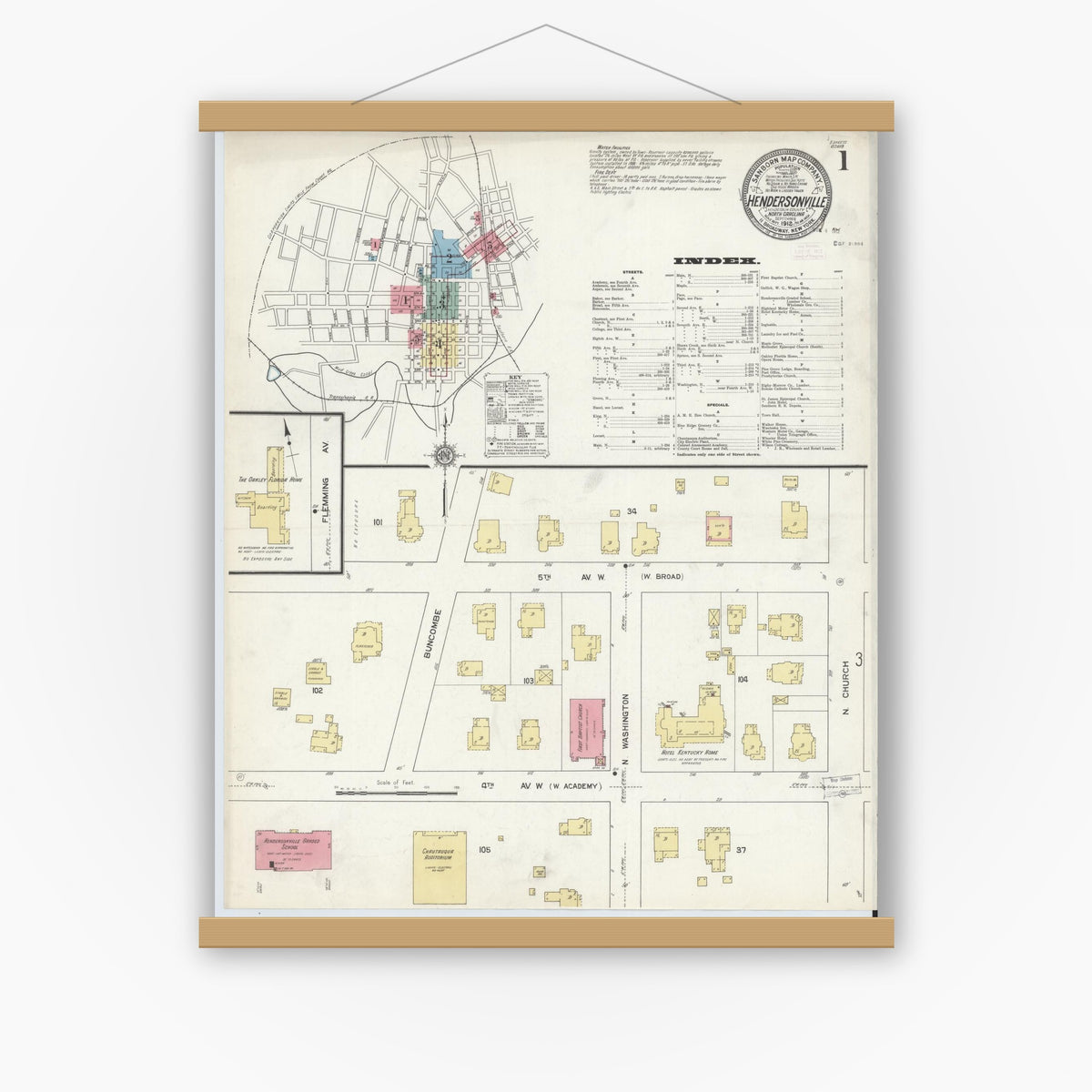 Old map wall art mockup — magnetic wood frame on white wall — Sanborn Fire Insurance Map from Hendersonville, Henderson County, North Carolina (1912) - Complete Map Set