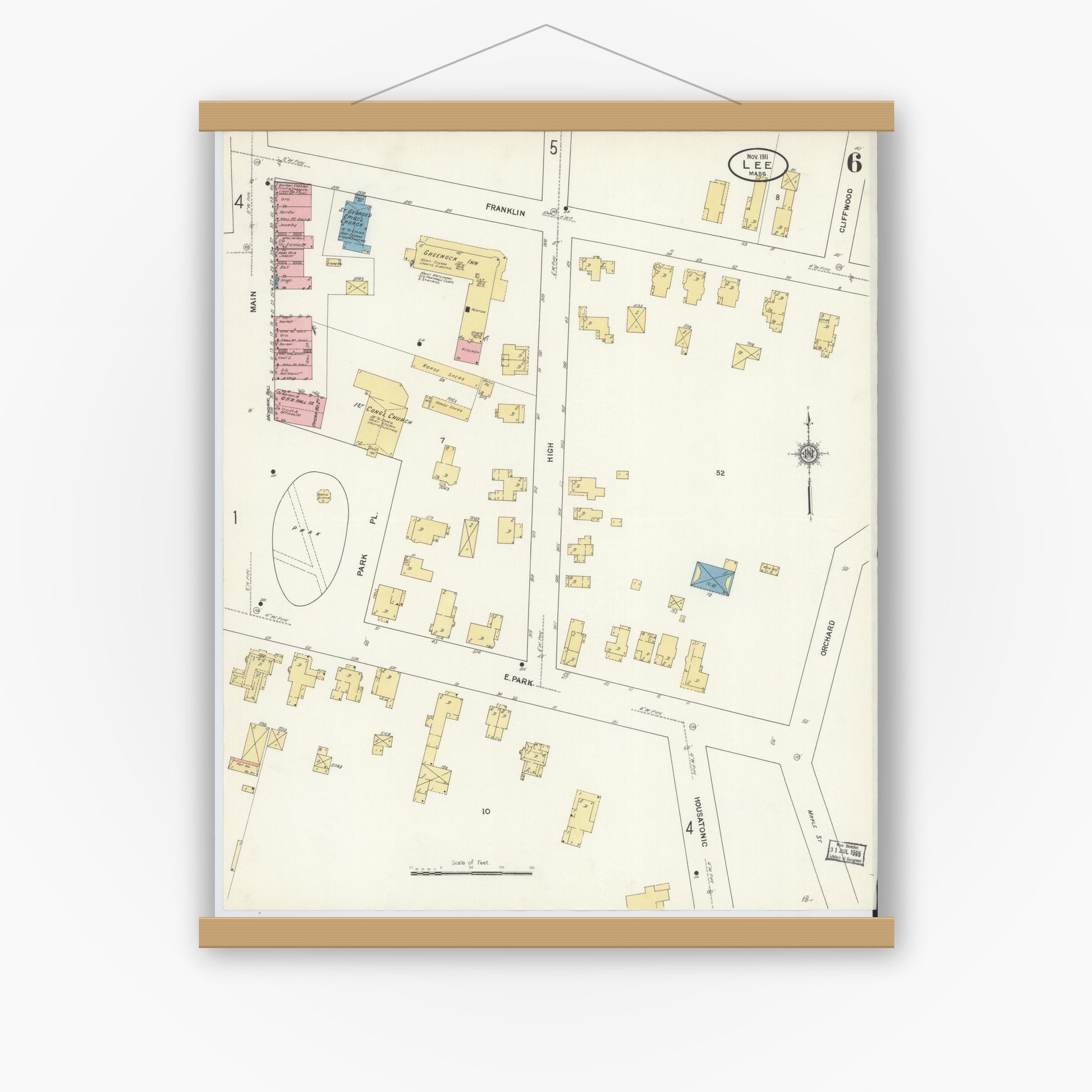 Old map wall art mockup — magnetic wood frame on white wall — Sanborn Fire Insurance Map from Lee, Berkshire County, Massachusetts (1911), Sheet #0006