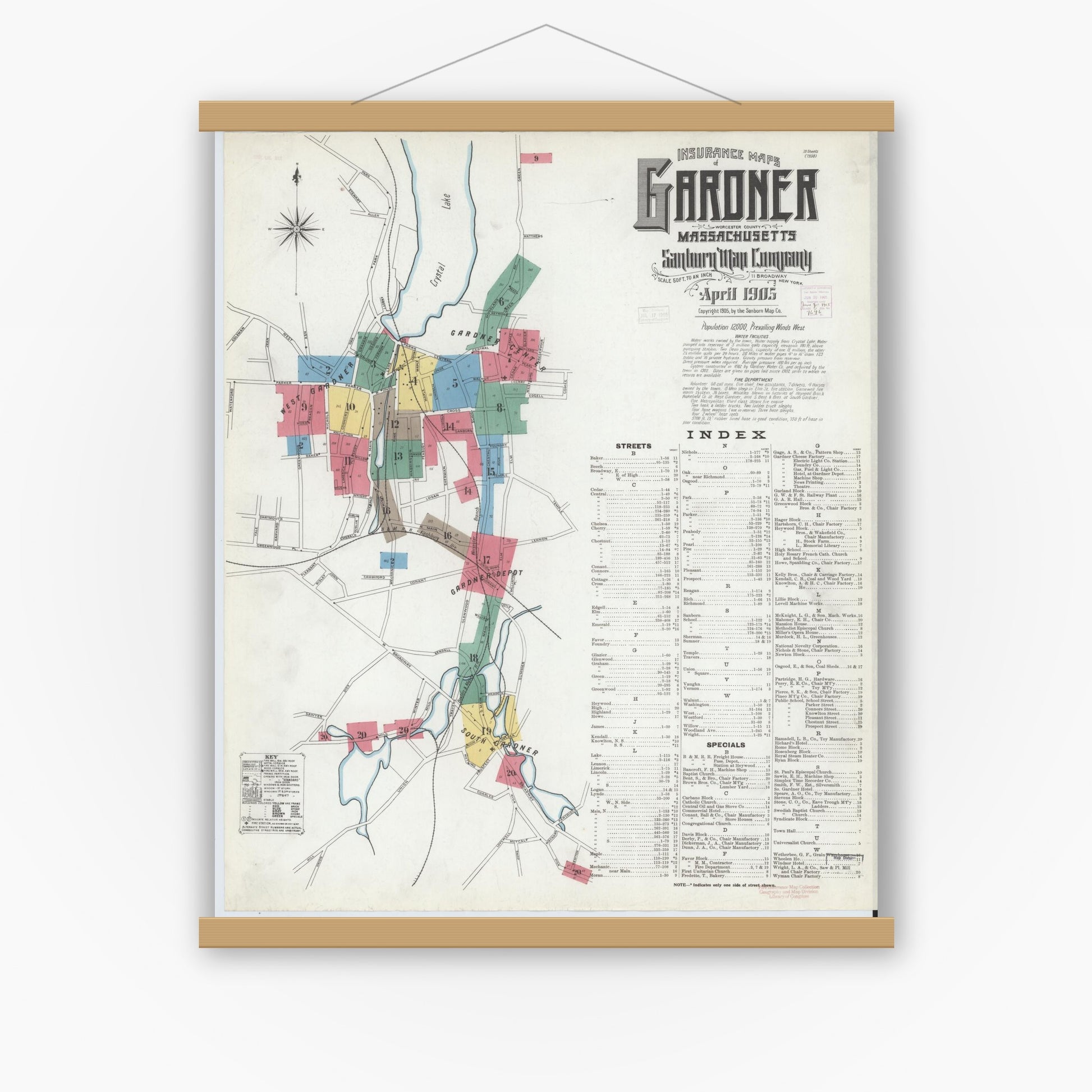 Old map wall art mockup — magnetic wood frame on white wall — Sanborn Fire Insurance Map from Gardner, Worcester County, Massachusetts (1905), Sheet #0001