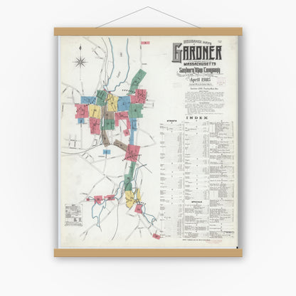 Old map wall art mockup — magnetic wood frame on white wall — Sanborn Fire Insurance Map from Gardner, Worcester County, Massachusetts (1905), Sheet #0001