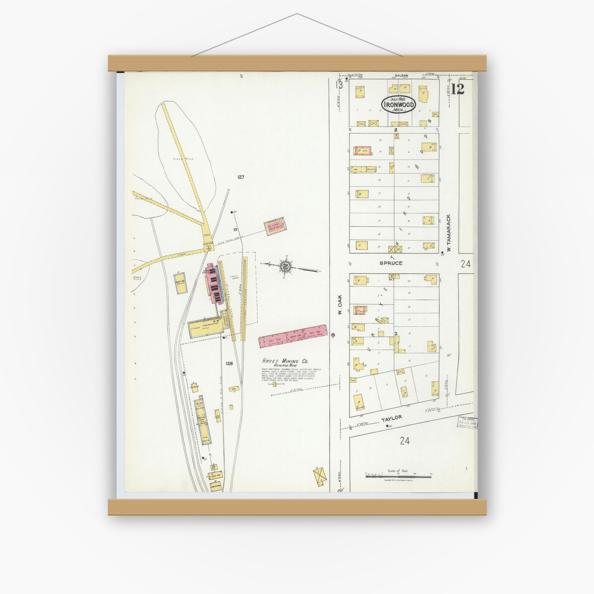 Old map wall art mockup — magnetic wood frame on white wall — Sanborn Fire Insurance Map from Ironwood, Gogebic County, Michigan (1921), Sheet #0012