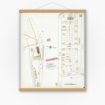 Old map wall art mockup — magnetic wood frame on white wall — Sanborn Fire Insurance Map from Ironwood, Gogebic County, Michigan (1921), Sheet #0012