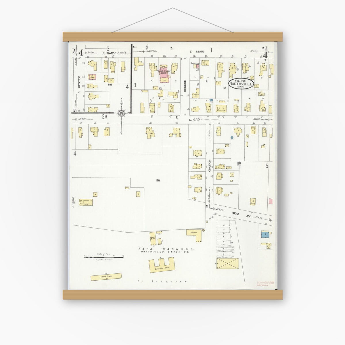 Old map wall art mockup — magnetic wood frame on white wall — Sanborn Fire Insurance Map from Northville, Wayne County, Michigan (1926), Sheet #0004