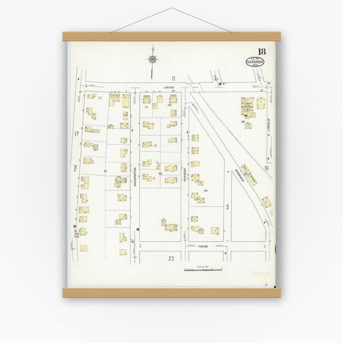 Old map wall art mockup — magnetic wood frame on white wall — Sanborn Fire Insurance Map from Gardner, Worcester County, Massachusetts (1914), Sheet #0018