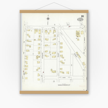 Old map wall art mockup — magnetic wood frame on white wall — Sanborn Fire Insurance Map from Gardner, Worcester County, Massachusetts (1914), Sheet #0018