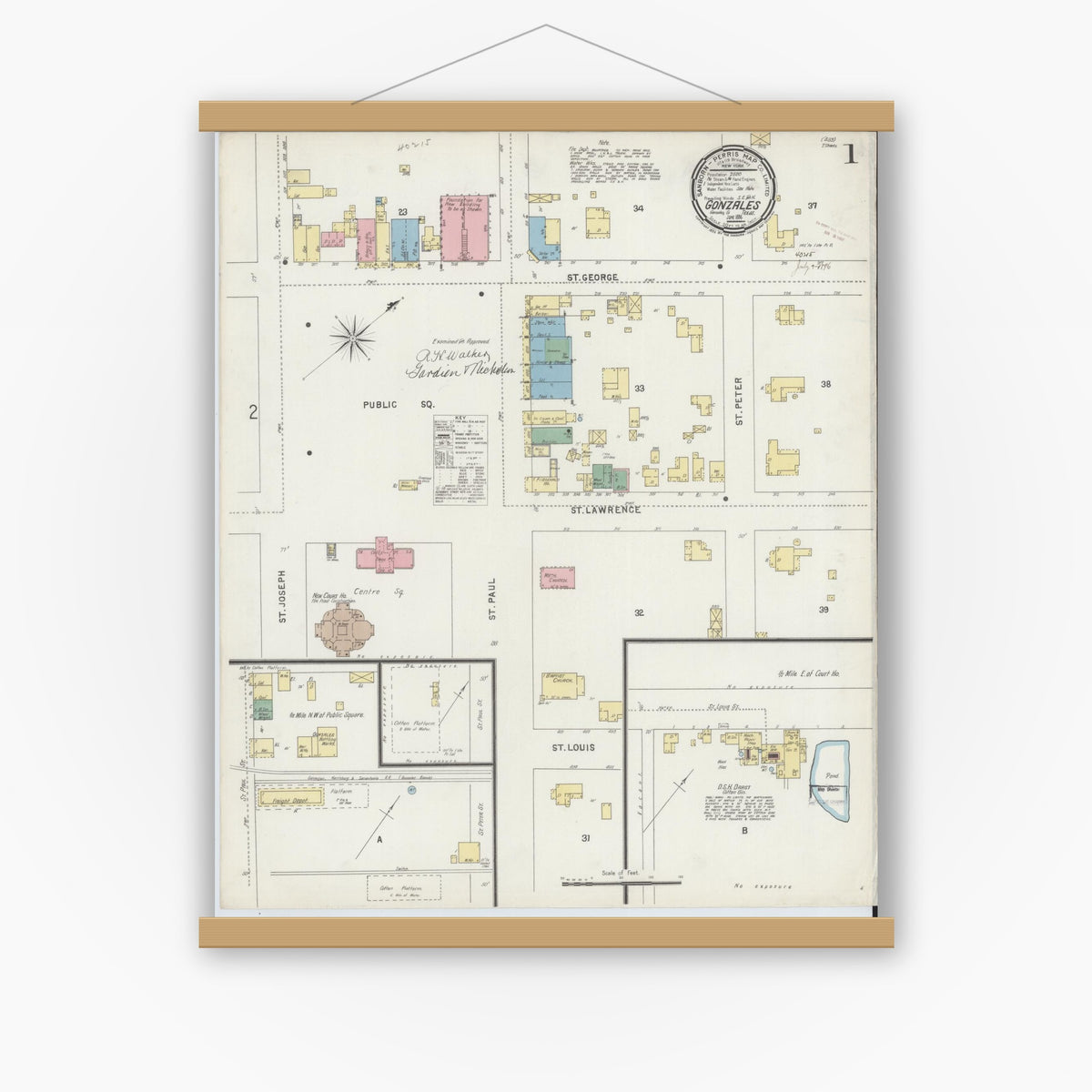 Old map wall art mockup — magnetic wood frame on white wall — Sanborn Fire Insurance Map from Gonzales, Gonzales County, Texas (1896) - Complete Map Set