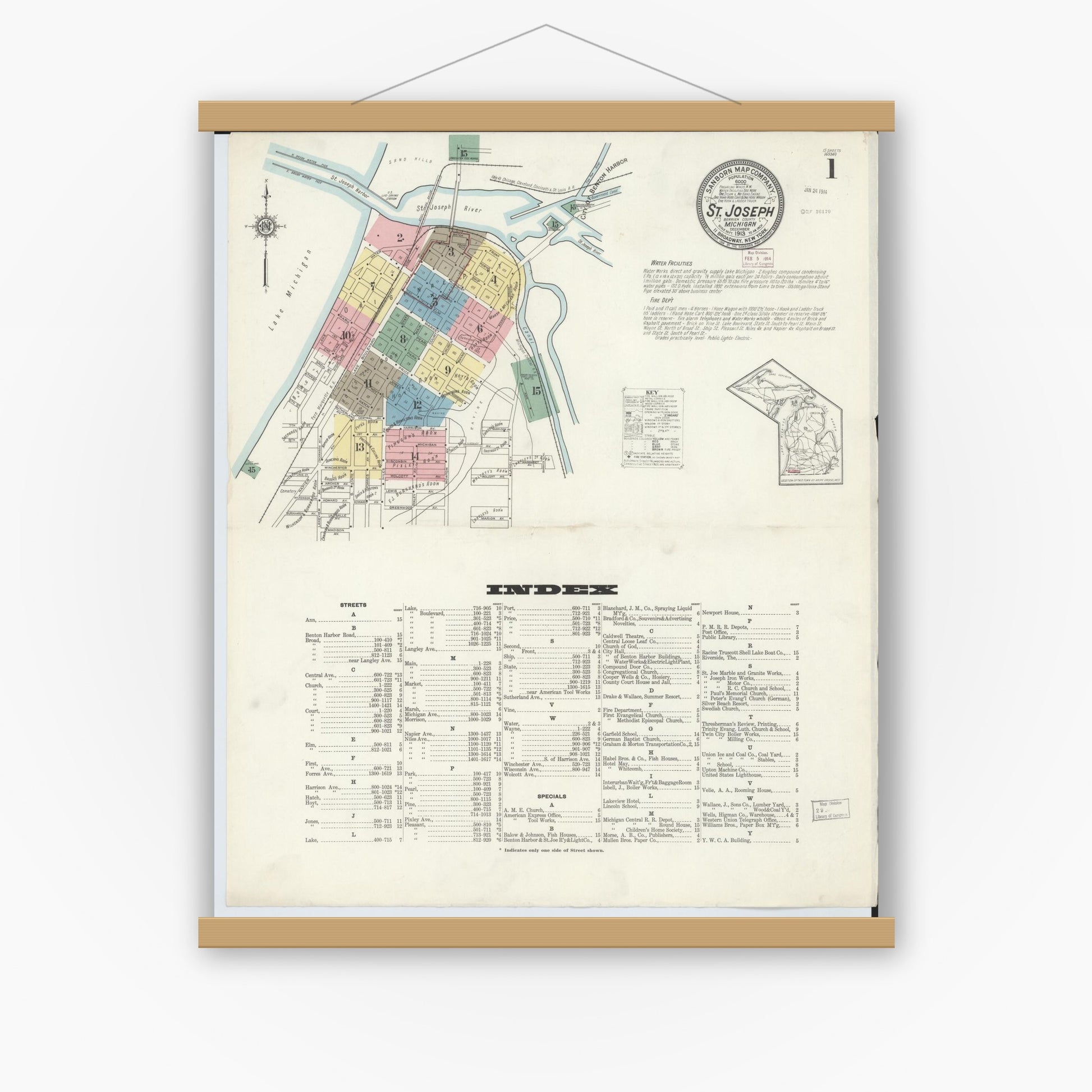 Old map wall art mockup — magnetic wood frame on white wall — Sanborn Fire Insurance Map from Saint Joseph, Berrien County, Michigan (1913) - Complete Map Set