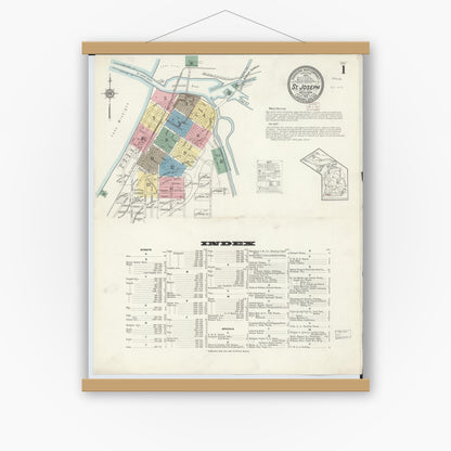 Old map wall art mockup — magnetic wood frame on white wall — Sanborn Fire Insurance Map from Saint Joseph, Berrien County, Michigan (1913) - Complete Map Set