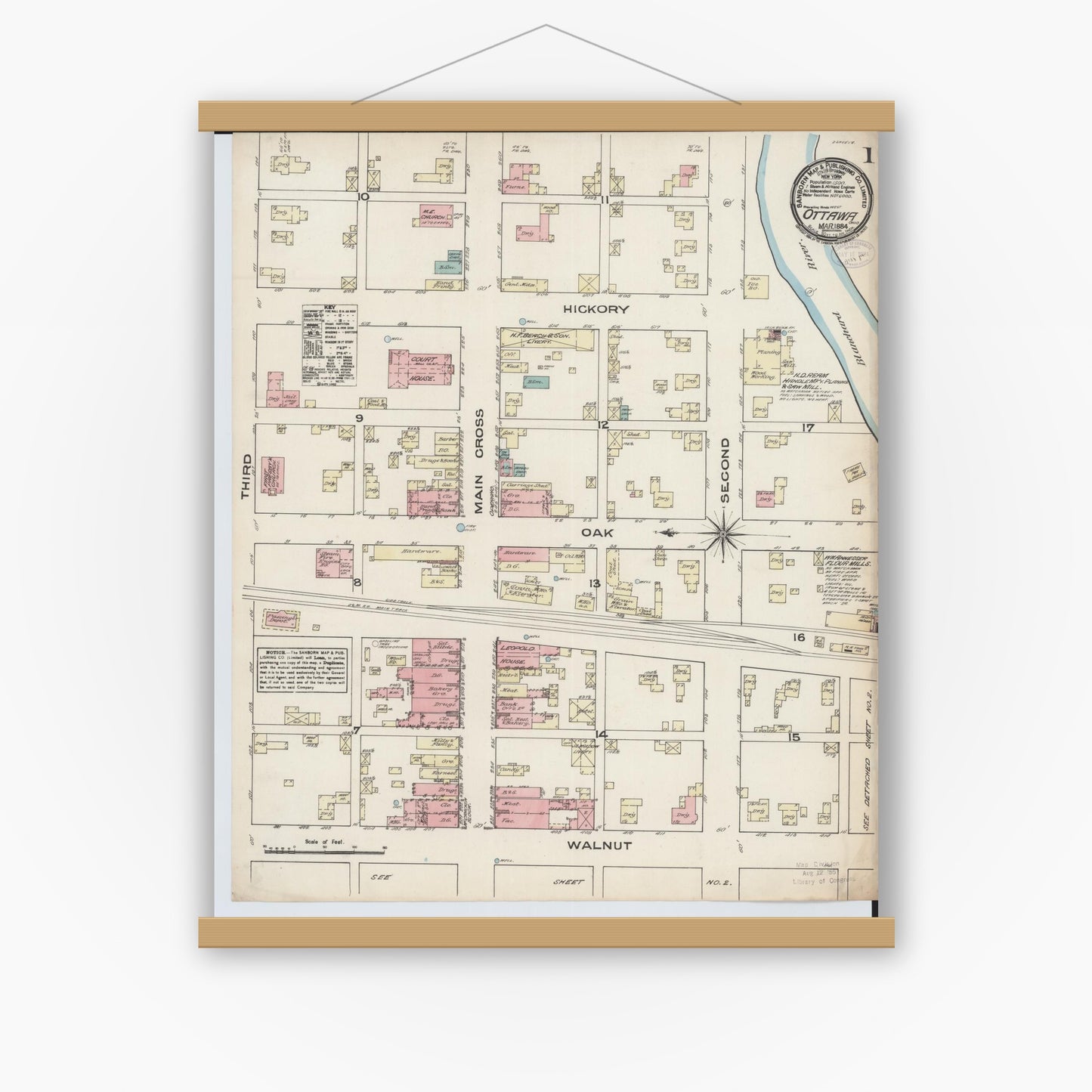 Old map wall art mockup — magnetic wood frame on white wall — Sanborn Fire Insurance Map from Ottawa, Putnam County, Ohio (1884), Sheet #0001
