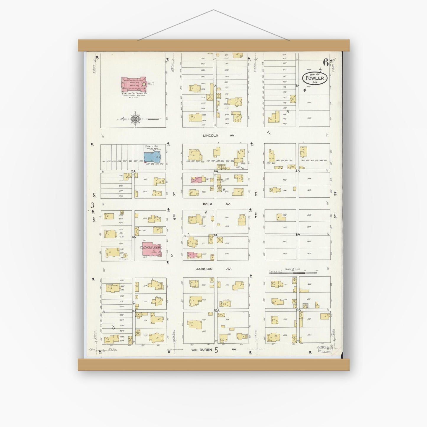 Old map wall art mockup — magnetic wood frame on white wall — Sanborn Fire Insurance Map from Fowler, Benton County, Indiana (1910), Sheet #0006