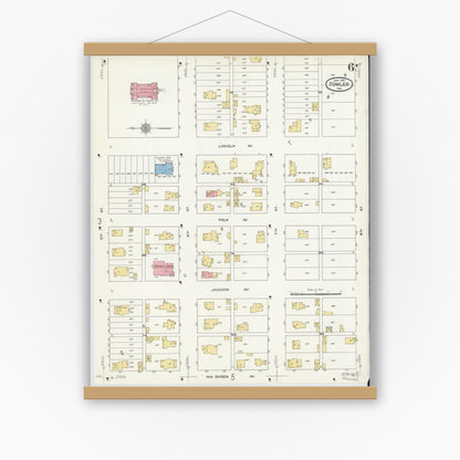 Old map wall art mockup — magnetic wood frame on white wall — Sanborn Fire Insurance Map from Fowler, Benton County, Indiana (1910), Sheet #0006