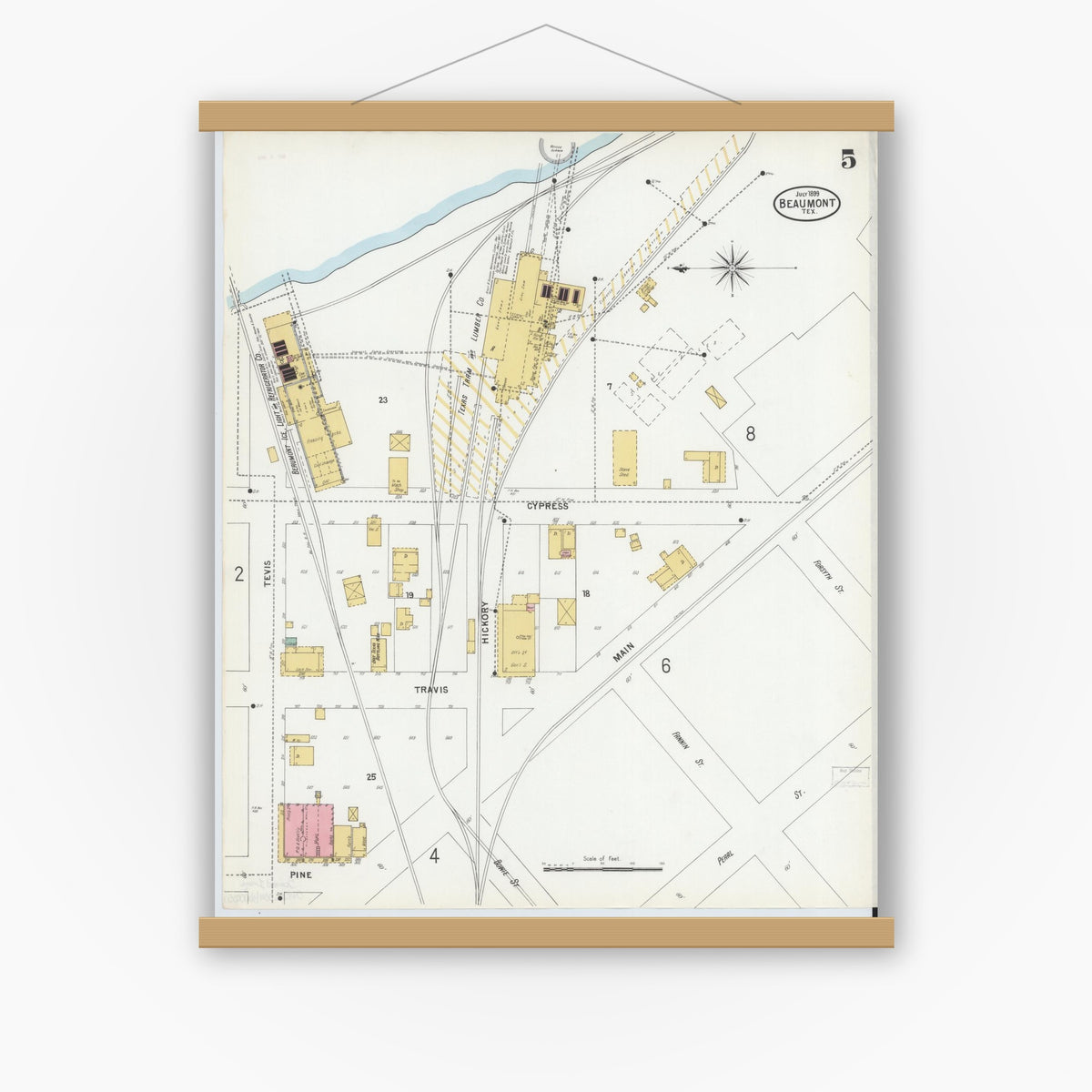 Old map wall art mockup — magnetic wood frame on white wall — Sanborn Fire Insurance Map from Beaumont, Jefferson County, Texas (1899), Sheet #0005