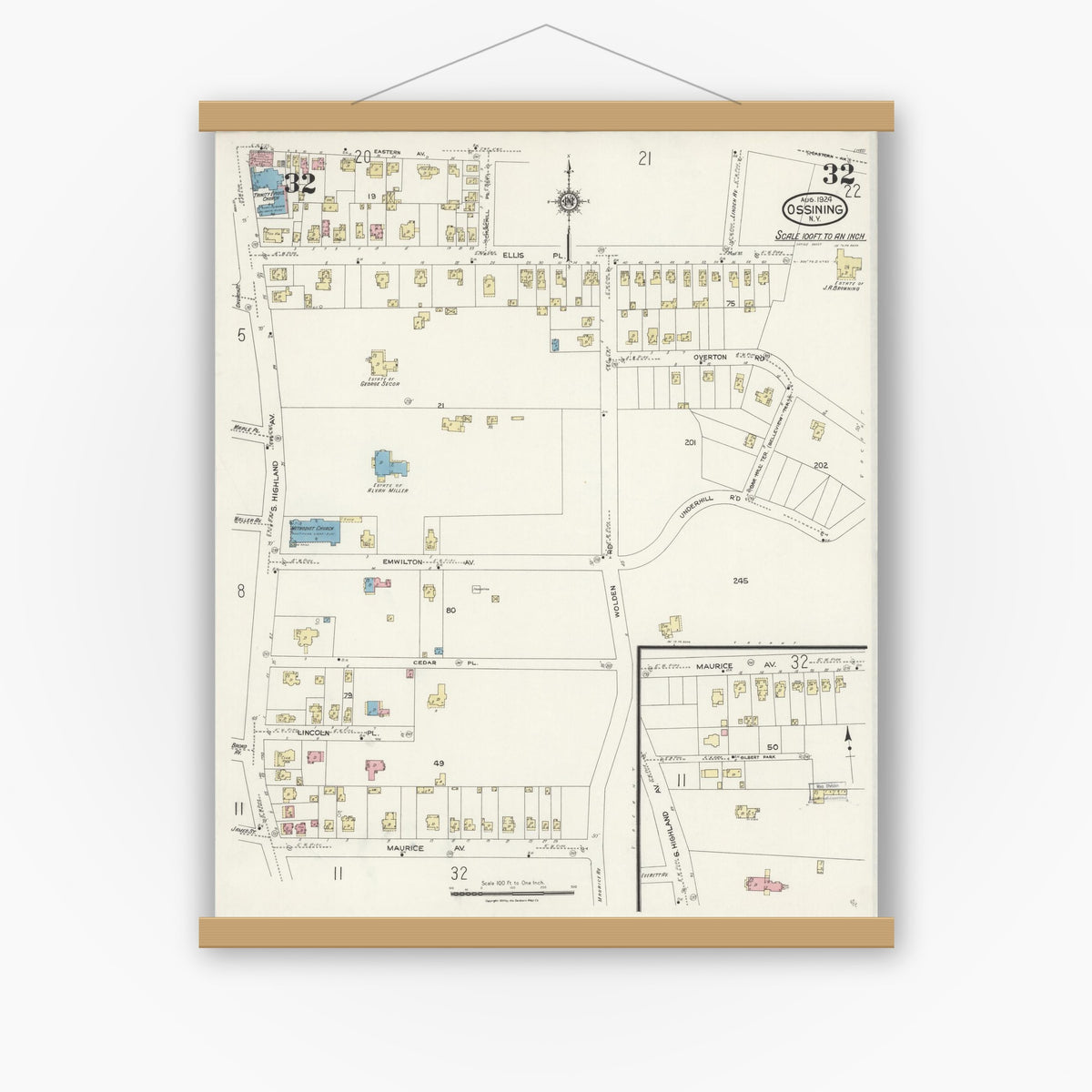 Old map wall art mockup — magnetic wood frame on white wall — Sanborn Fire Insurance Map from Ossining, Westchester County, New York (1924), Sheet #0032