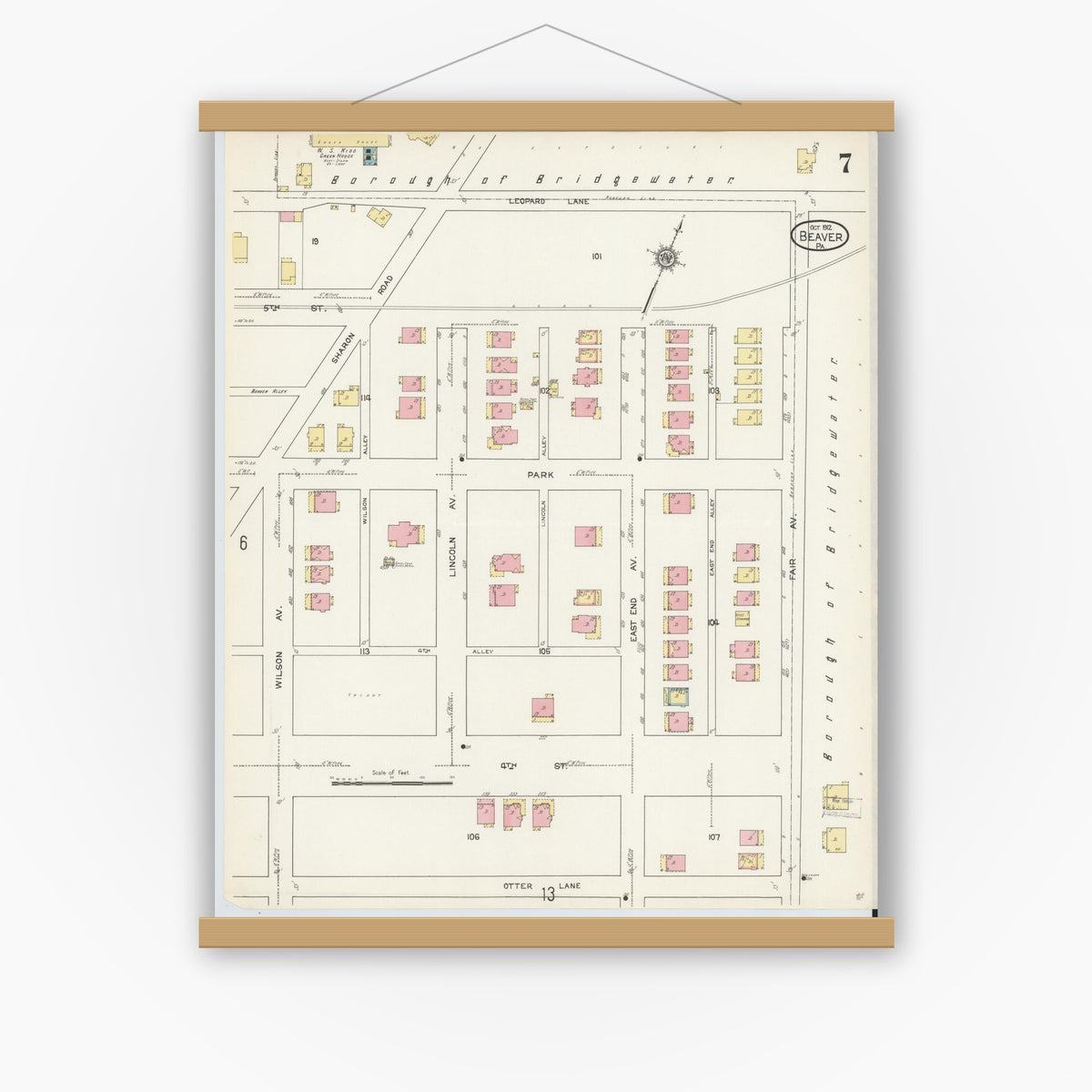 Old map wall art mockup — magnetic wood frame on white wall — Sanborn Fire Insurance Map from Beaver, Beaver County, Pennsylvania (1912), Sheet #0007