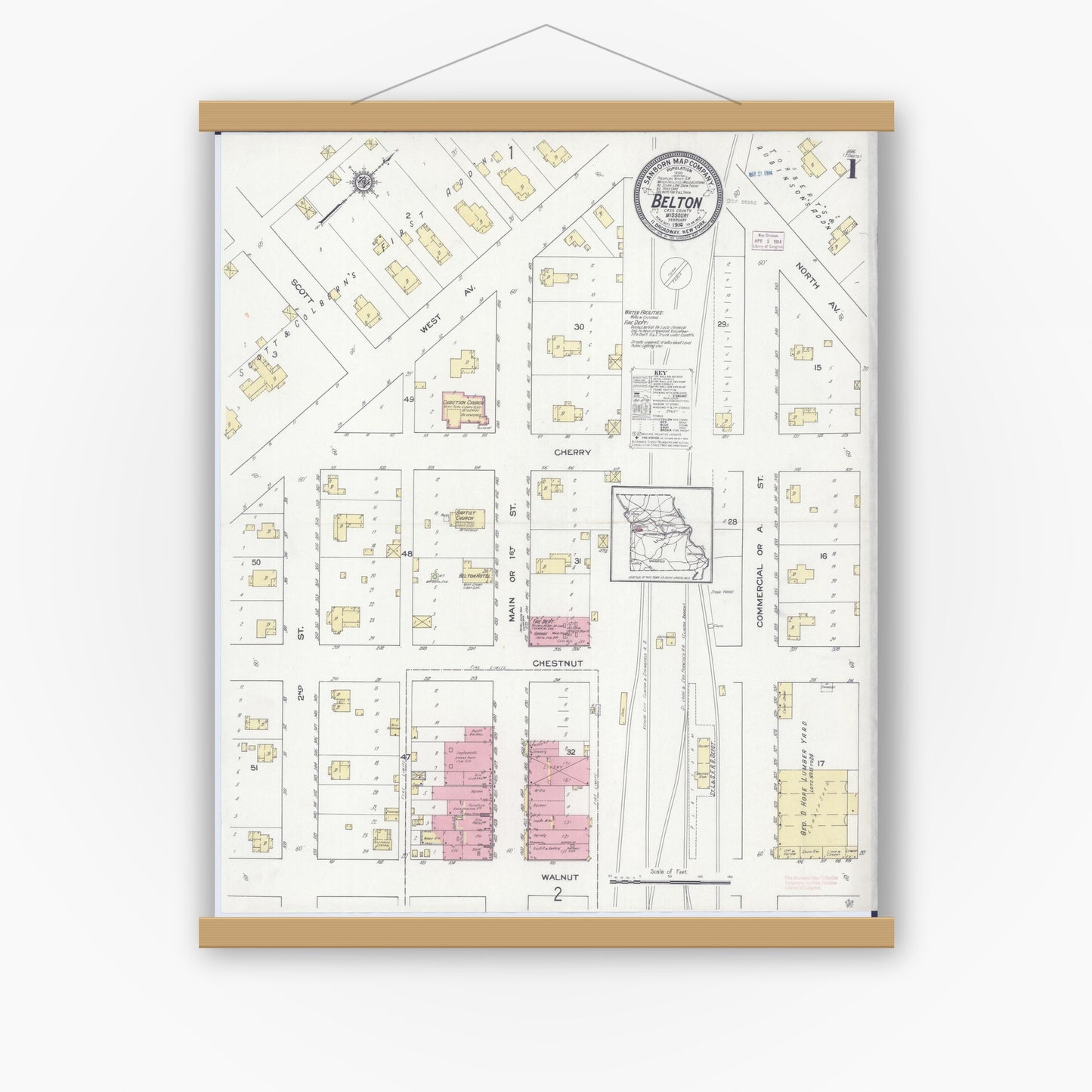 Old map wall art mockup — magnetic wood frame on white wall — Sanborn Fire Insurance Map from Belton, Cass County, Missouri (1914) - Complete Map Set
