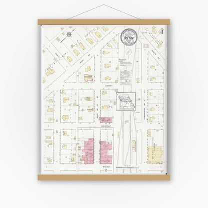 Old map wall art mockup — magnetic wood frame on white wall — Sanborn Fire Insurance Map from Belton, Cass County, Missouri (1914) - Complete Map Set