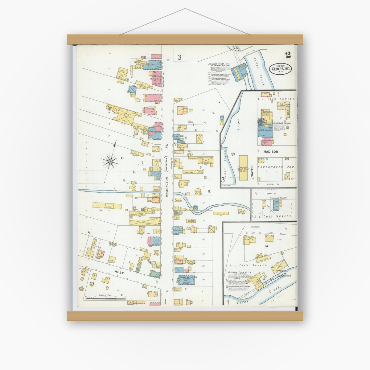 Old map wall art mockup — magnetic wood frame on white wall — Sanborn Fire Insurance Map from Cedarburg, Ozaukee County, Wisconsin (1900), Sheet #0002